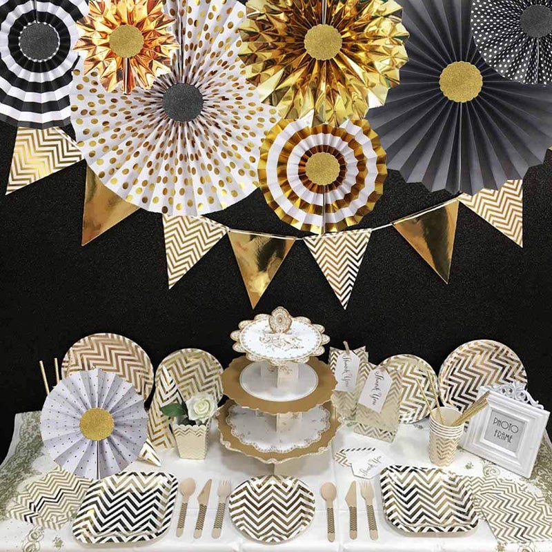 Hola Fiesta,Gold Black Paper Fans Flower for Halloween Party Decorations,black2,Set of 8 - Image 5